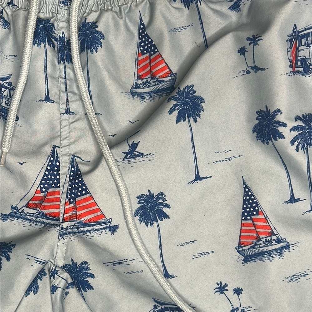 Free Planet Men's Swim Trunks with Palm Tree and Sailboat Print - Picture 2 of 8